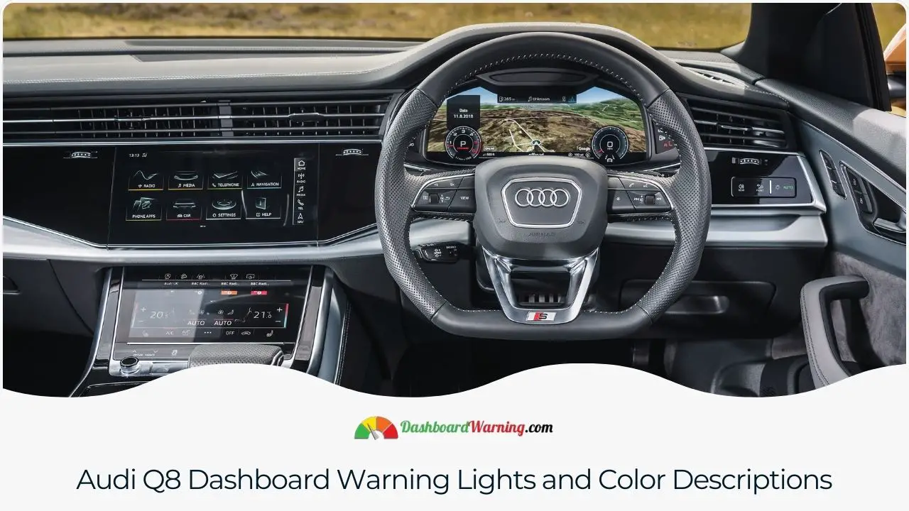 This is a detailed explanation of the Audi Q8's dashboard warning lights and their respective color codes. These codes indicate different levels of alerts and issues.