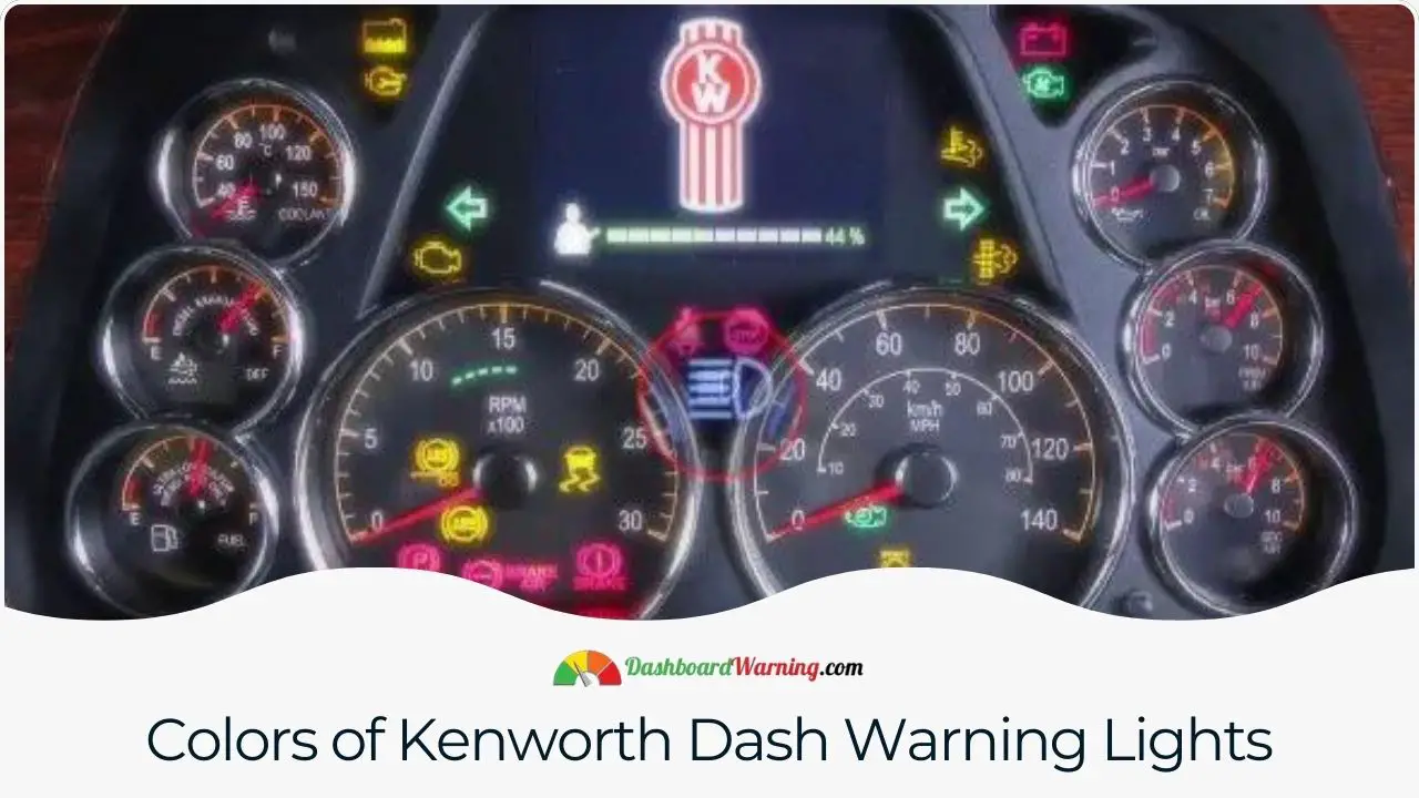 An overview of the color-coded system used in Kenworth dash warning lights to indicate different levels of alert and system status.