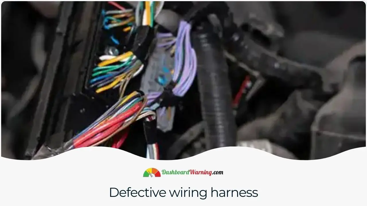 Graphic showing a vehicle's wiring harness with signs of defects or damage.