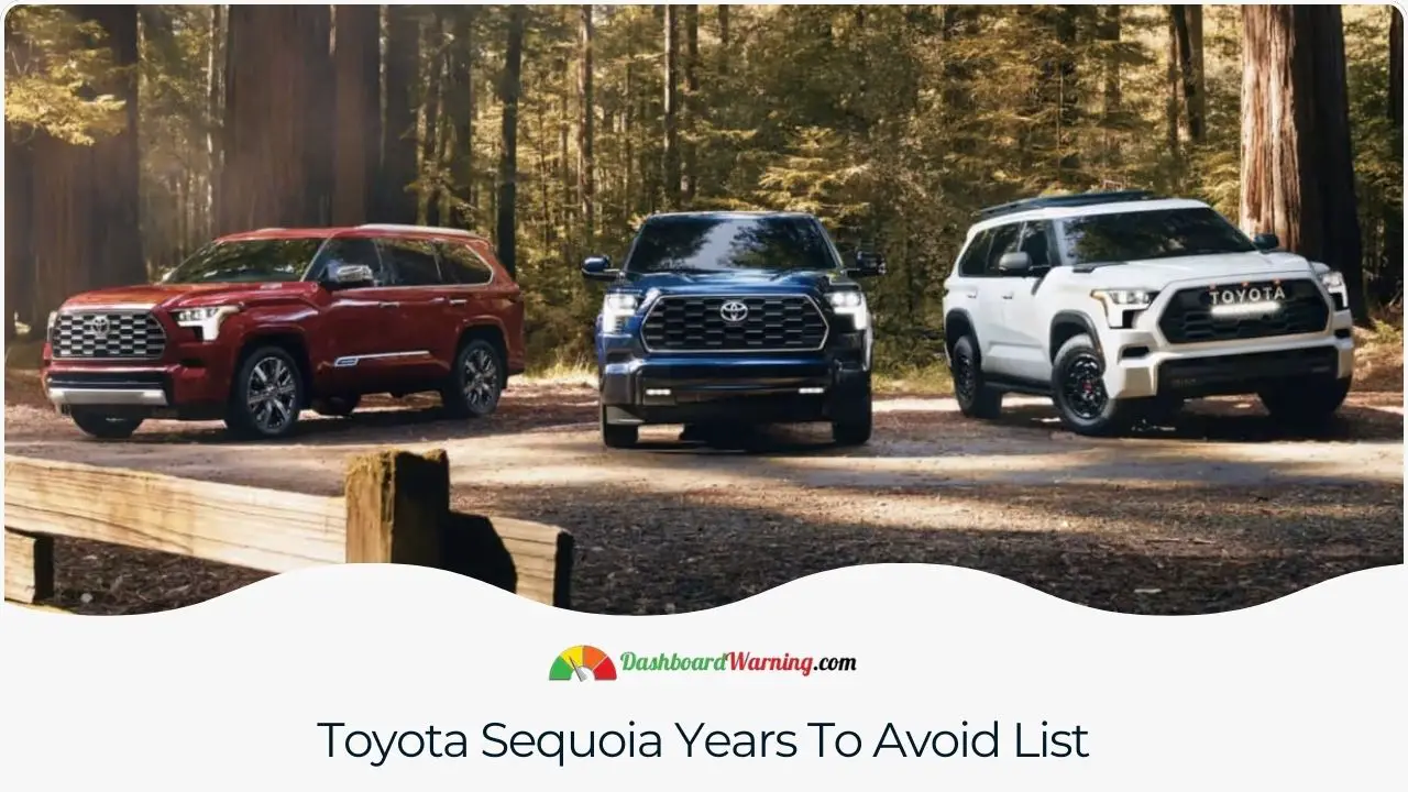 A compilation of Toyota Sequoia model years known for significant issues, advising caution for potential buyers.