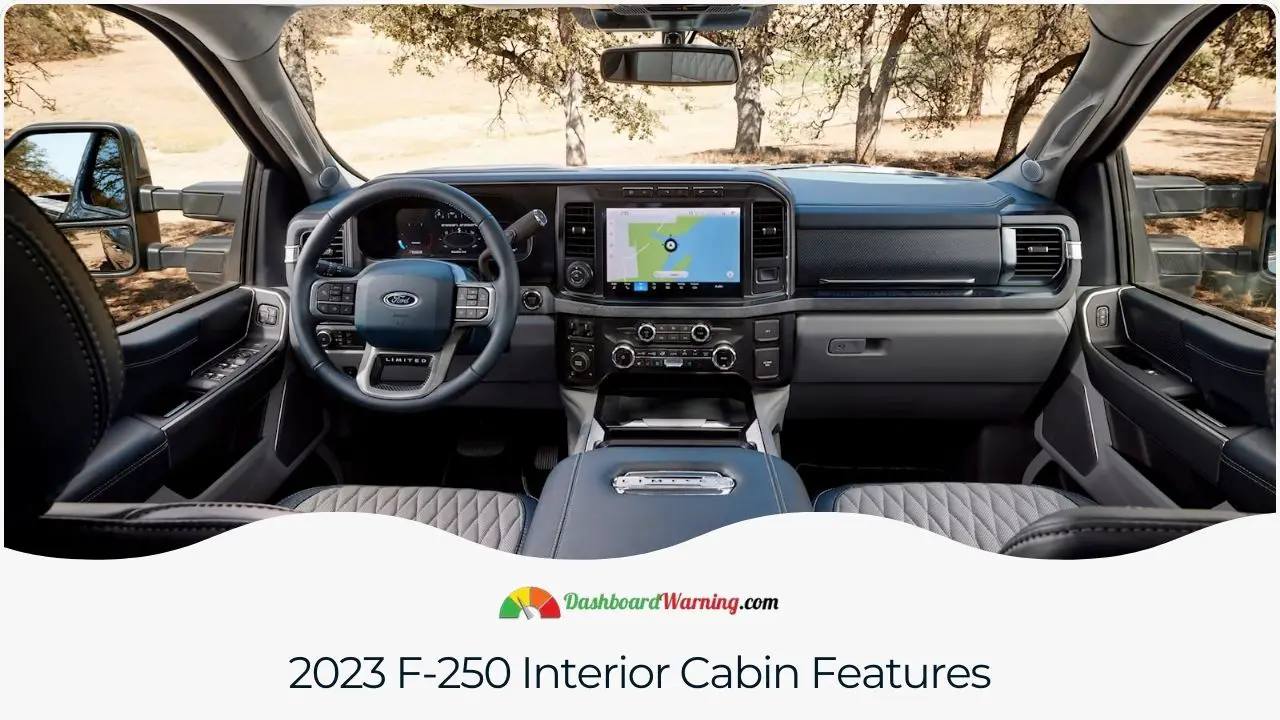 The luxurious and functional interior of the 2023 F-250 is equipped with modern technology and comfort amenities.