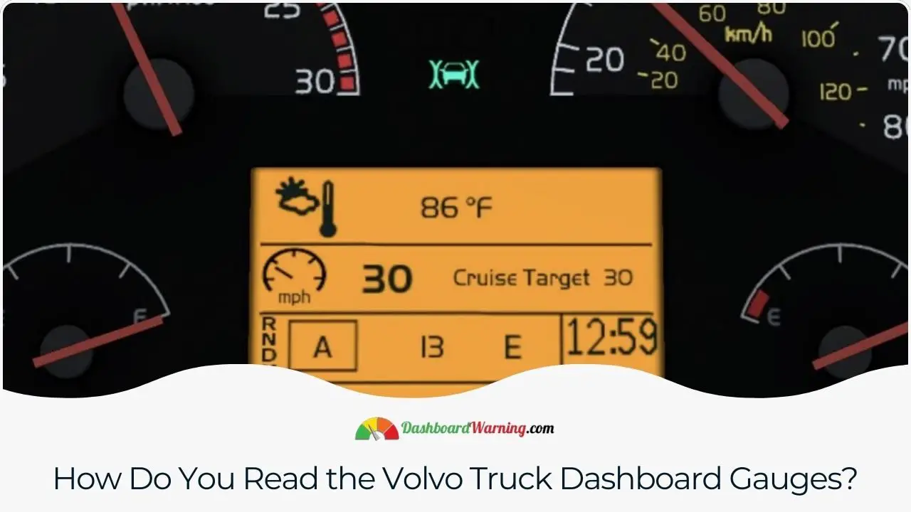Instructions on interpreting the readings and symbols displayed on Volvo truck dashboard gauges.