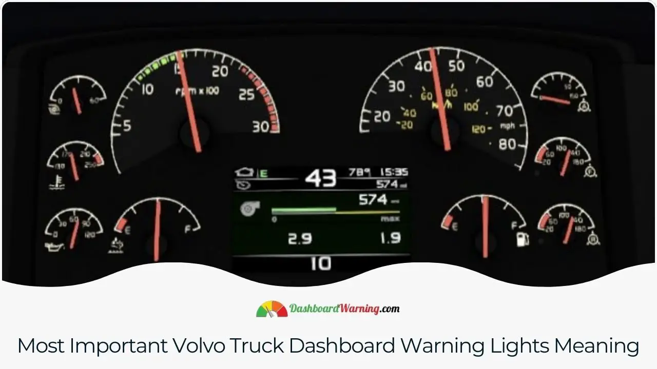 Explanation of key warning lights on a Volvo truck's dashboard and what they indicate about the vehicle's condition.