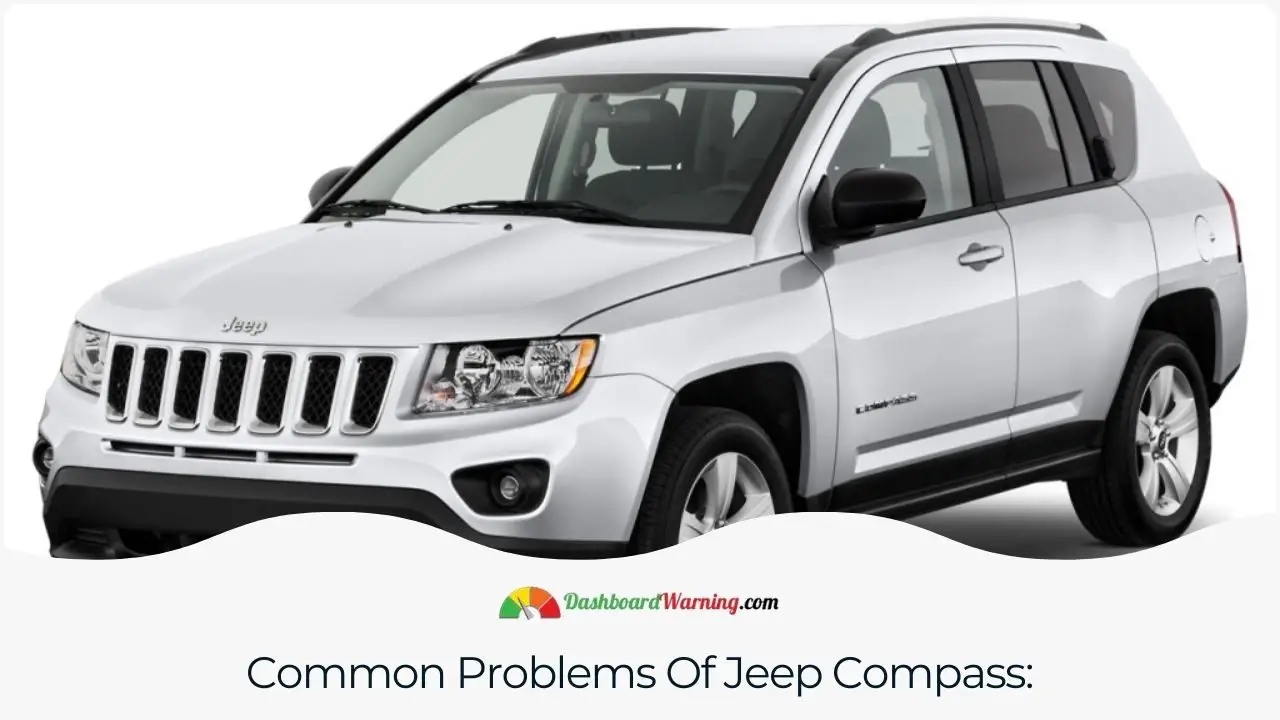 An infographic summarizing the widespread issues across various Jeep Compass models, such as transmission faults and electrical glitches.